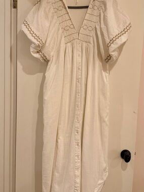 Free People Samantha Dress White Gauze with Embroidered Sleeves Size M
